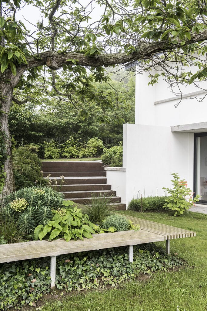 Un jardin avec un banc en bois en harmonie avec la végétation